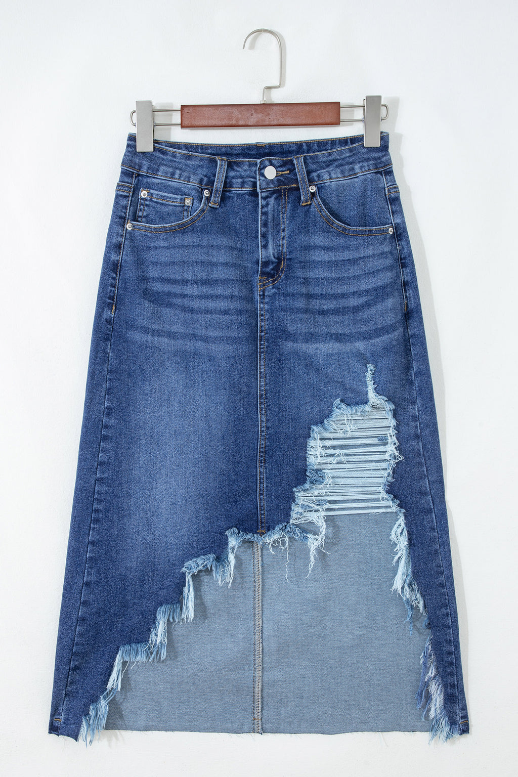 Dark Grey Irregular Distressed Bottom Denim Midi Skirt