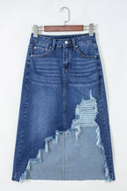 Dark Grey Irregular Distressed Bottom Denim Midi Skirt