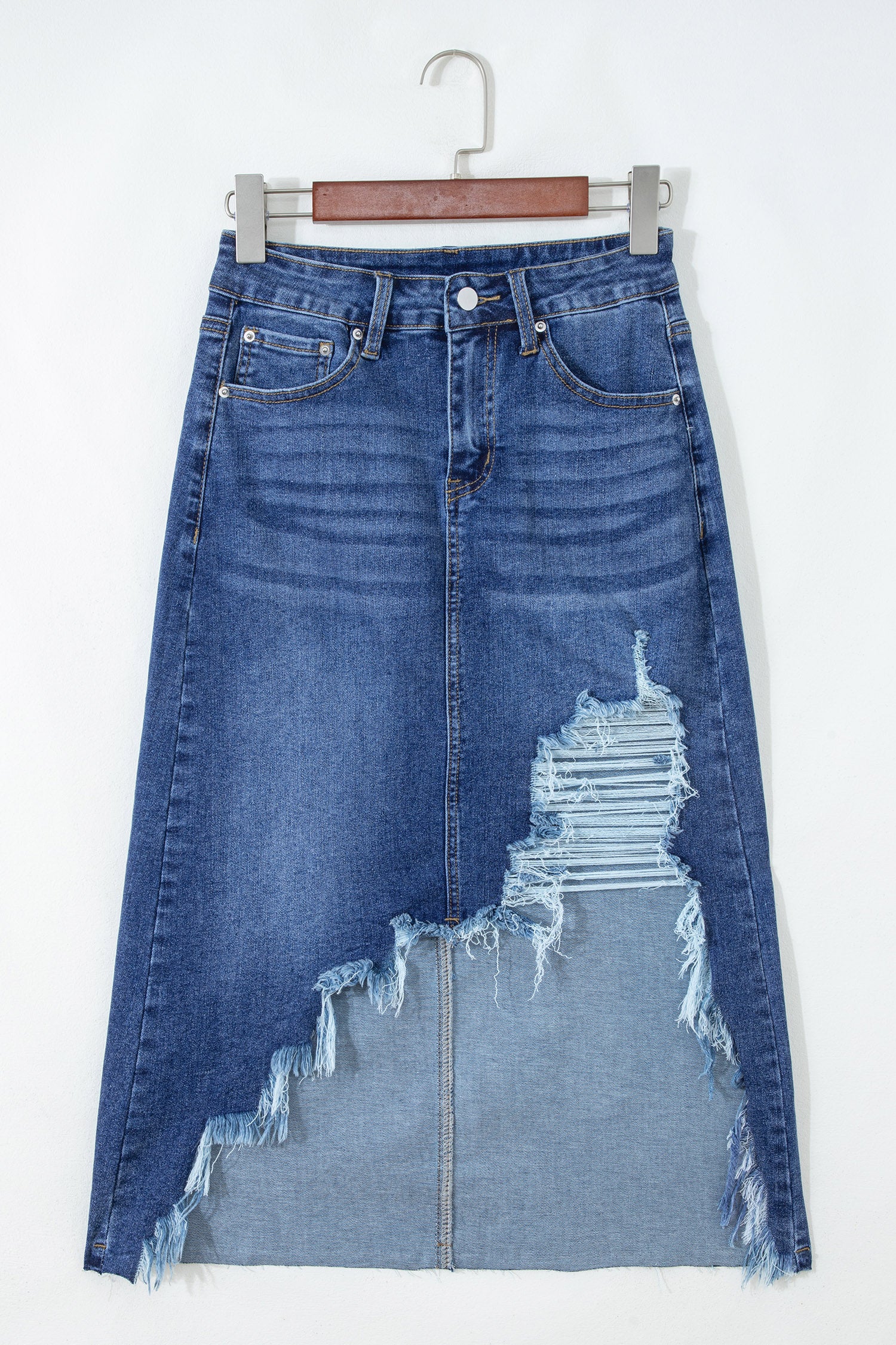 Dark Grey Irregular Distressed Bottom Denim Midi Skirt