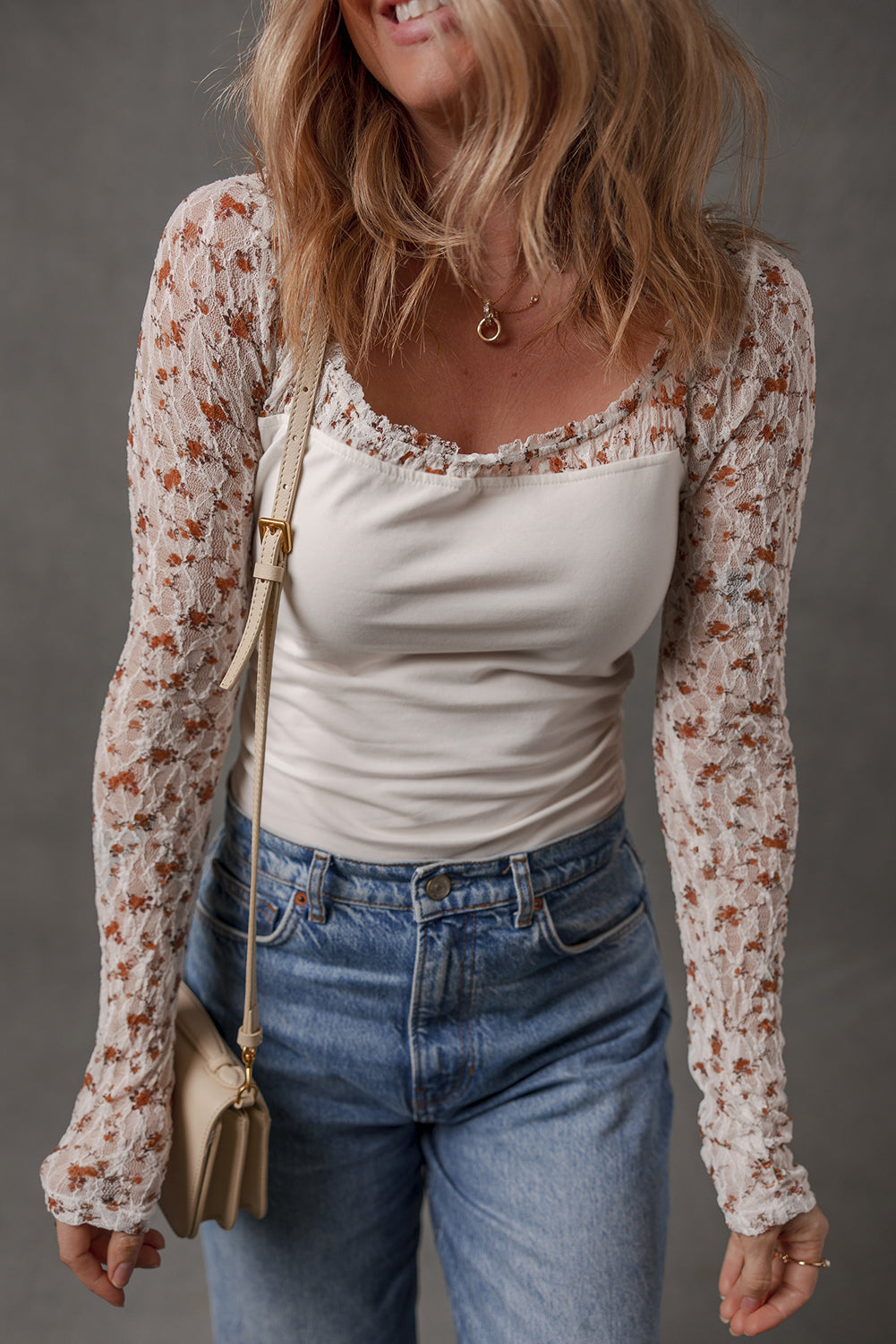 White Floral Lace Patchwork Square Neck Long Sleeve Top