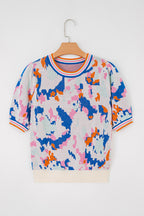 Apricot Abstract Pattern Knit Contrast Striped Trim Short Sleeve Sweater