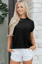 Mist Green Solid Color Round Neck Textured Short Sleeve Sweater