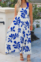 Blue Floral Print Crisscross Tie Back Sleeveless Long Dress