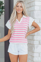 Green Stripe Collar V Neck Ruffled Short Sleeve Blouse