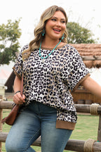 Khaki Leopard Contrast Trim Short Sleeve Loose Plus Size Top