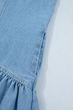 Beau Blue Button Down Short Puff Sleeve Ruffle Hem Patchwork Denim Dress