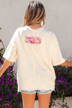 Bright Pink Floral Patched Raw Seam Big Flower Oversize Tee