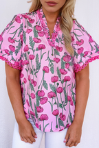 Pink Floral Lace Detail Frilled V Neck Summer Blouse