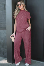 Dark Grey Twisted Ribbed High Neck Loose Tee Elastic High Waist Loose Pant Set