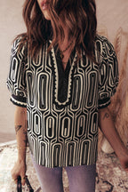 Black Geometric Print Contrast Scallop Color Block Patchwork Short Sleeve Blouse