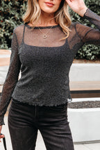 Black Metallic Glitter Mesh Long Sleeve Top