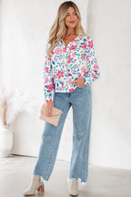 Pink Floral Print Lace Detail Button-up Long Sleeve Shirt