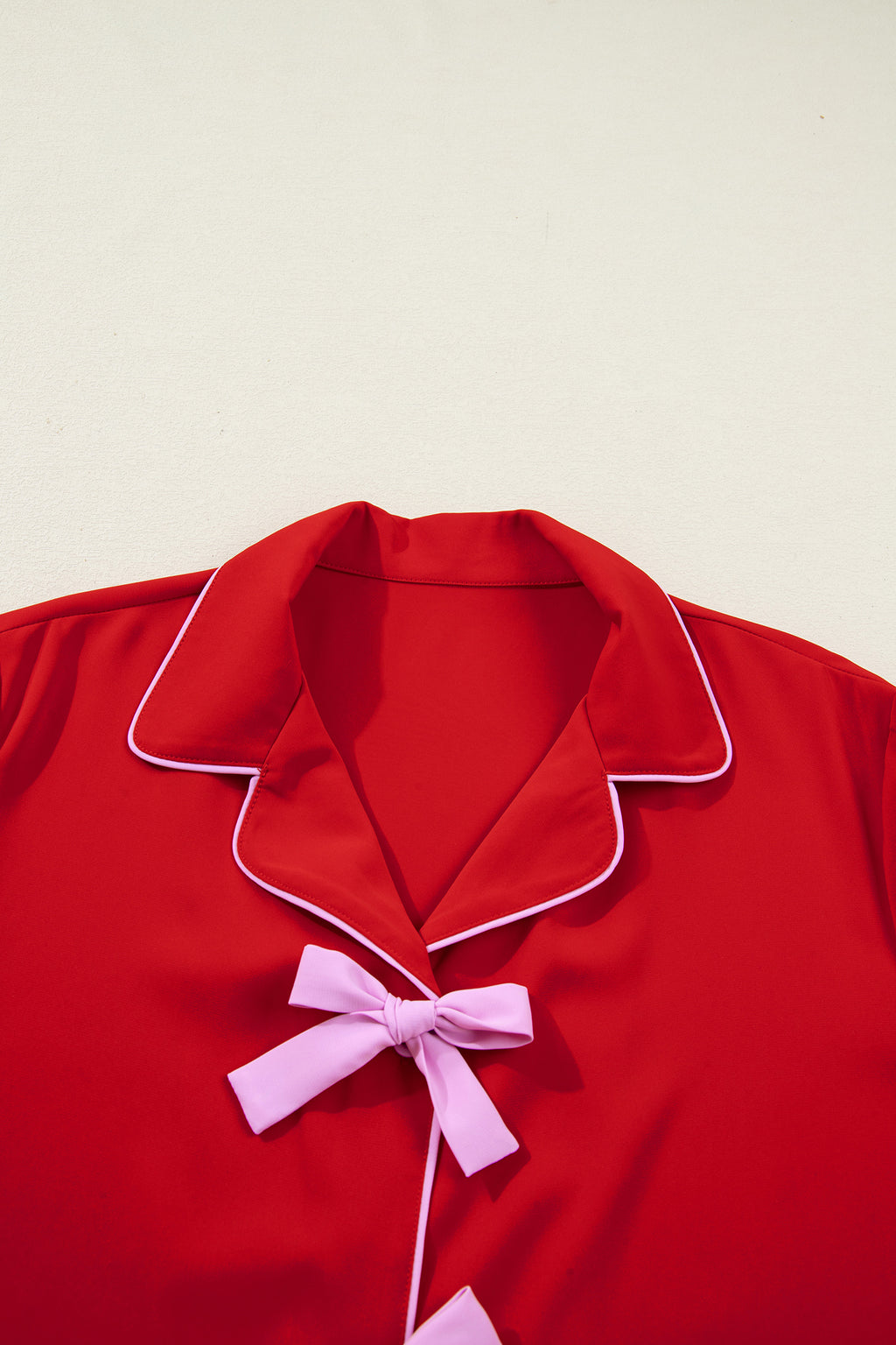Fiery Red Contrast Trim Ribbon Bow Short Silky 2pcs Pajama Set