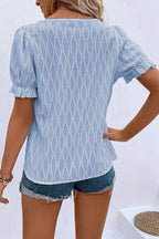Black Solid Color Textured Notched Neck Puff Sleeve Blouse
