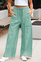 Bonbon Mineral Wash Exposed Seam Drawstring Elastic Waistband Wide Leg Cargo Pants
