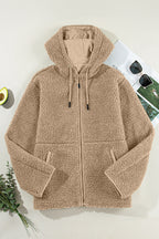 Beige Fleece Zip Up Drawstring Hooded Pocketed Jacket