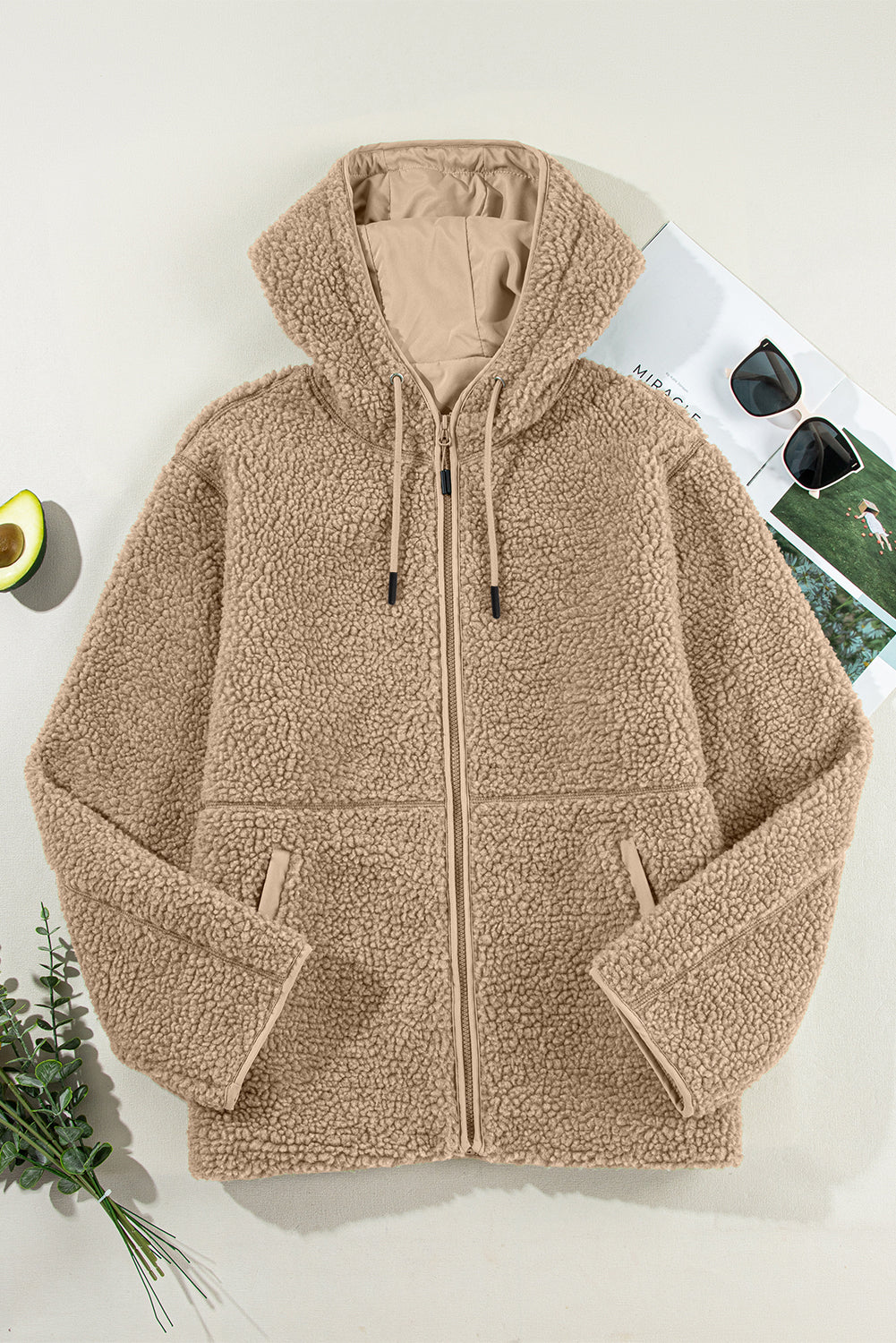 Beige Fleece Zip Up Drawstring Hooded Pocketed Jacket