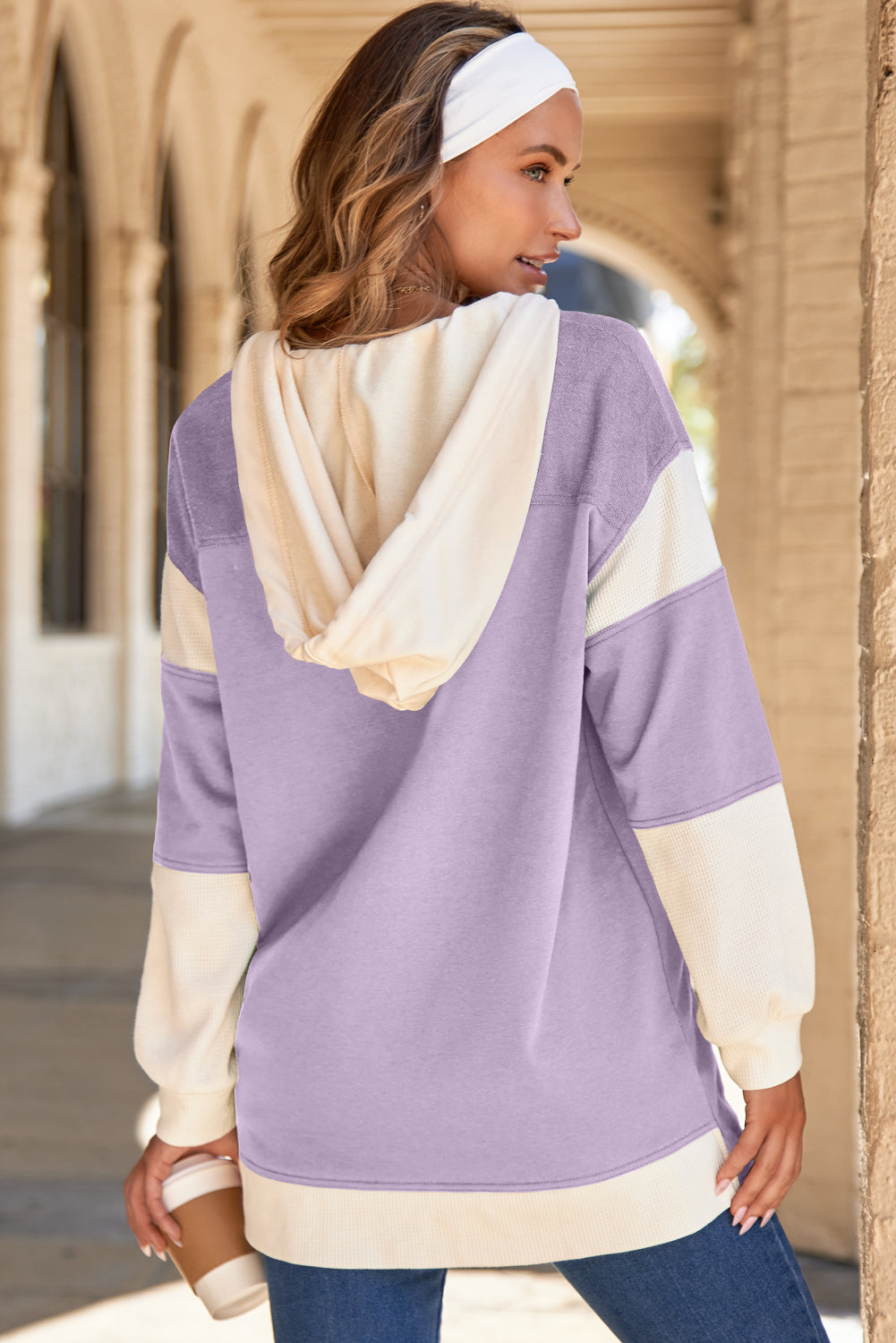 Light French Beige Waffle Contrast Knit Color Block Patchwork Button Front Oversize Hoodie