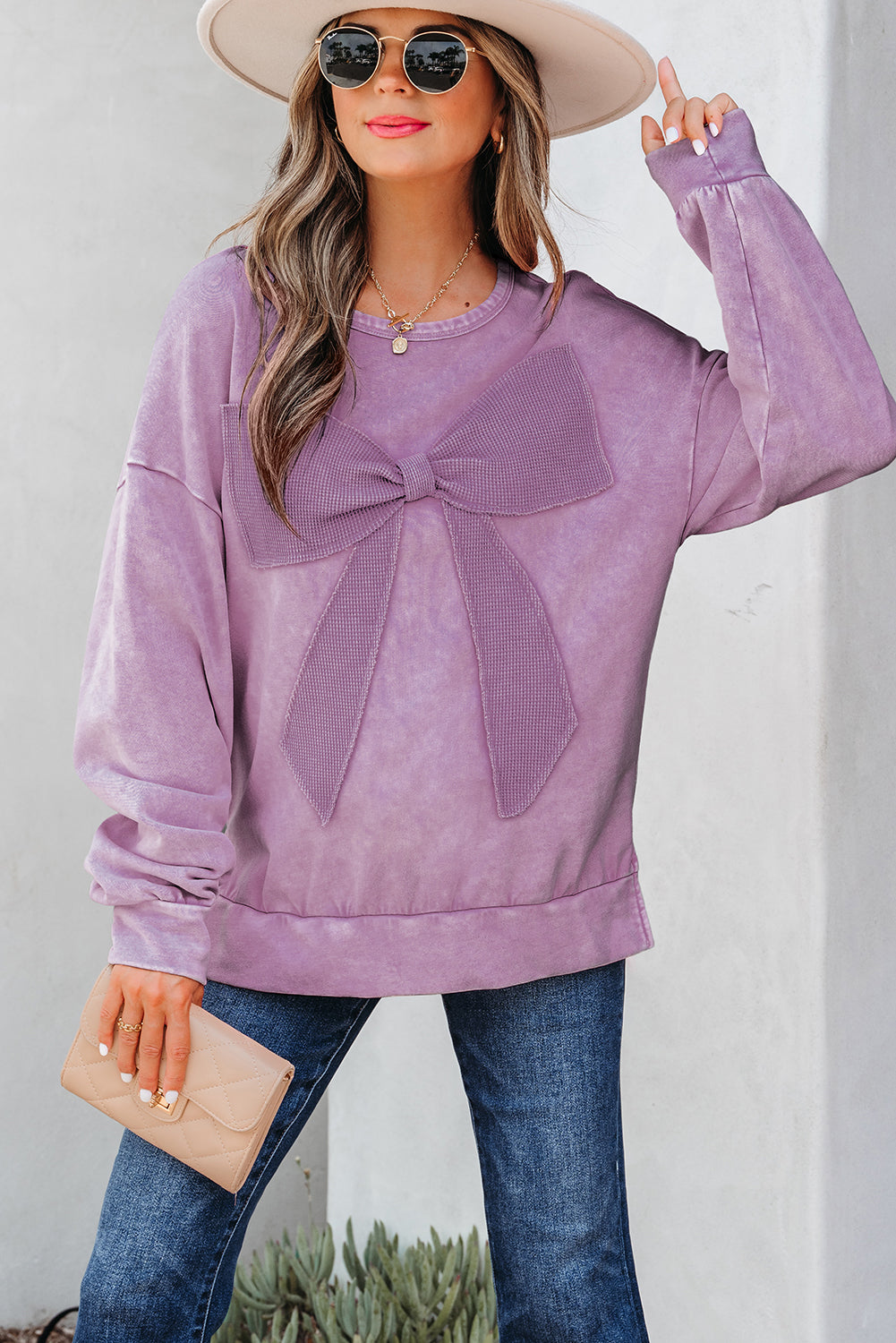 Light French Beige Mineral Wash Big Bow Patchwork Pullover Sweatshirt