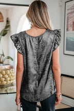 Gold Metallic Round Neck Ruffle Trim Sleeveless Top