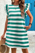 Black Stripe Flutter Sleeve Round Neck Shift Dress