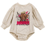 Western "Moove Over Cupid" Highland Cow Romper – Neutral Aesthetic Baby Outfit