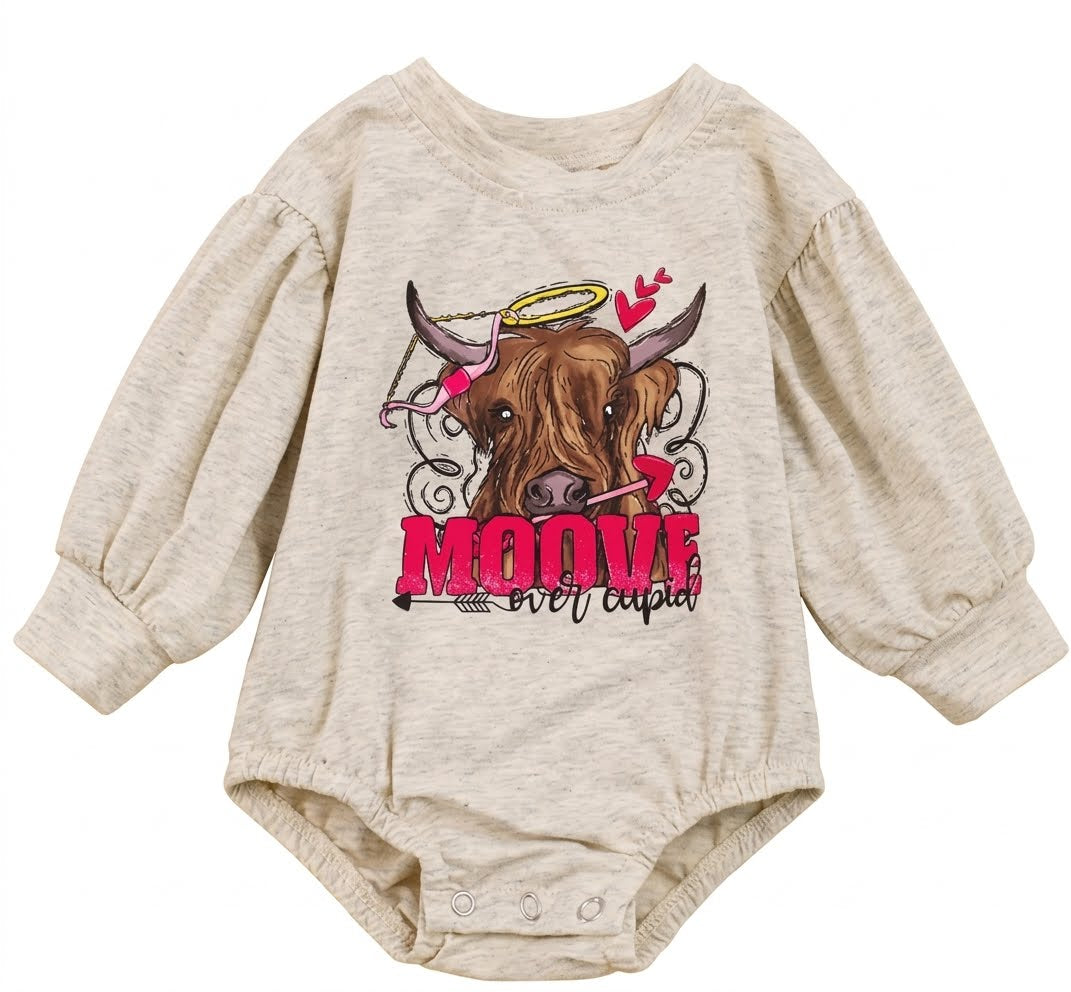 Western "Moove Over Cupid" Highland Cow Romper – Neutral Aesthetic Baby Outfit