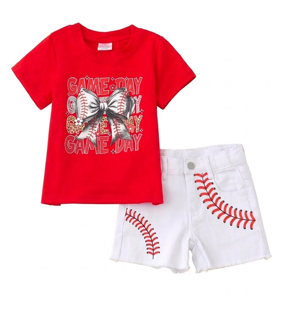 Coquette Baseball Bow Red Tee and Raw Hem Denim Shorts Outfit – Kids Gameday Set