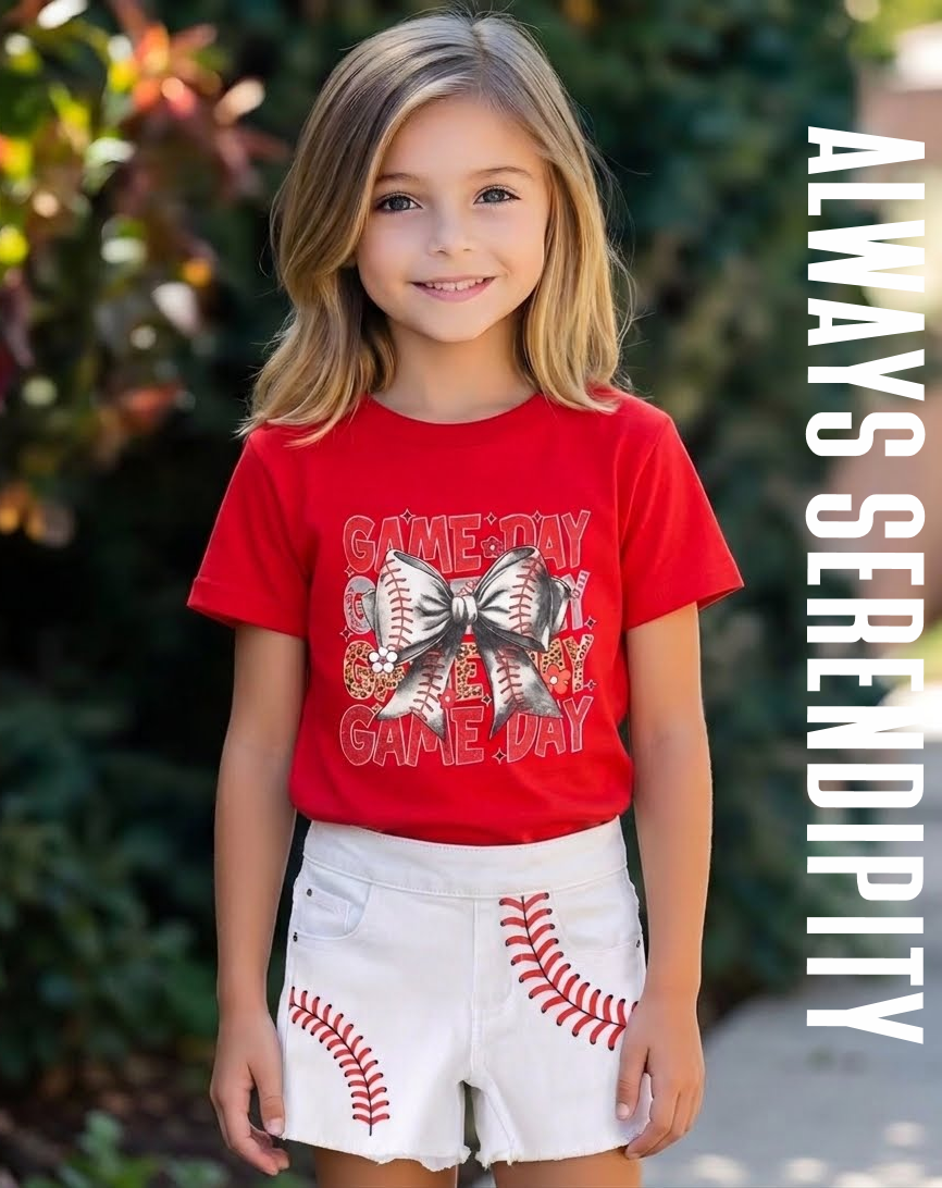 Coquette Baseball Bow Red Tee and Raw Hem Denim Shorts Outfit – Kids Gameday Set