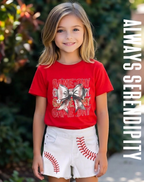 Coquette Baseball Bow Red Tee and Raw Hem Denim Shorts Outfit – Kids Gameday Set