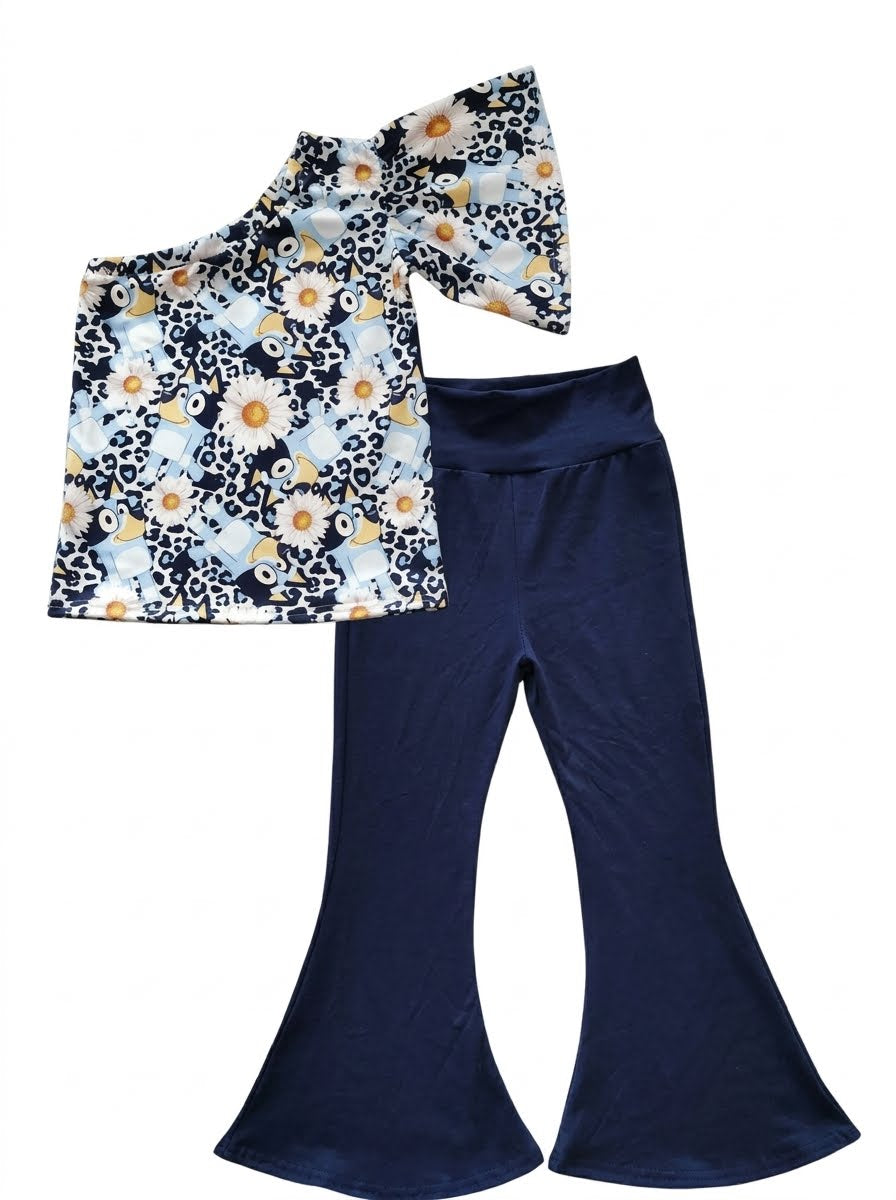 Blue Heeler Daisy Print Asymmetrical Top & High-Waisted Bells – Kids 2-Piece Boutique Set