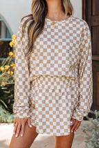Khaki Checkered Long Sleeve Crop Top High Waist Skort 2pcs Set