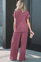 Dark Grey Twisted Ribbed High Neck Loose Tee Elastic High Waist Loose Pant Set