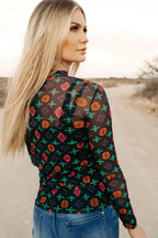 Black Western Aztec Printed Long Sleeve Mesh Top