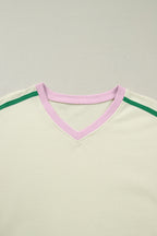 Beige Ribbed Colorblock Trim V Neck Sporty Pullover Mini Skort 2pcs Athleisure Set
