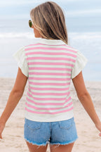 Green Stripe Collar V Neck Ruffled Short Sleeve Blouse