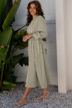 Green Stripe V Neck Zip Front Cinched High Waist Midi Dress