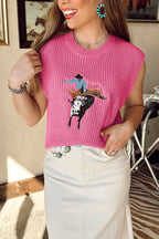 Parchment Western Cowboy Embroidery Round Neck Sleeveless Sweater