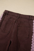 Coffee Lace Trim Casual Full-Length Regular Fit Jeans