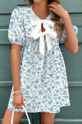Sky Blue Leopard Contrast Bow Puff Sleeve Mini Dress