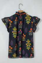 Black Floral Print Lace Trim Frilled V Neck Short Sleeve Shirt