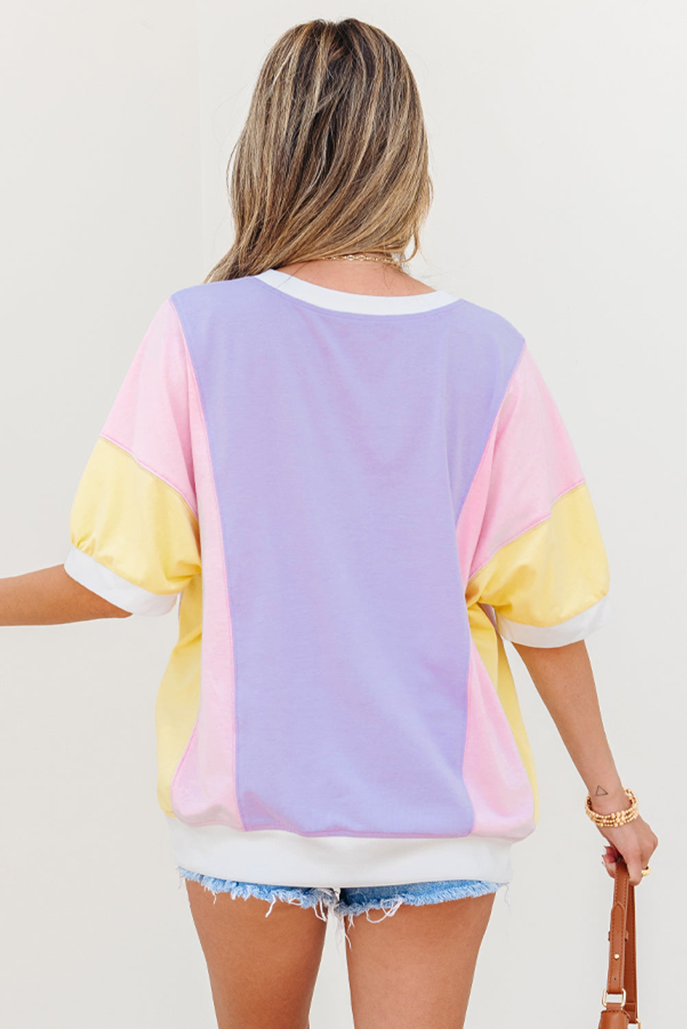 Purple Color Block Patchwork Half Sleeve Oversized T Shirt