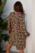 Green Floral Print Split Neck Bubble Sleeve Shift Mini Dress