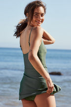 Black Side Tied Waist Square Neck Adjustable Straps A-line One Piece Swim Dress