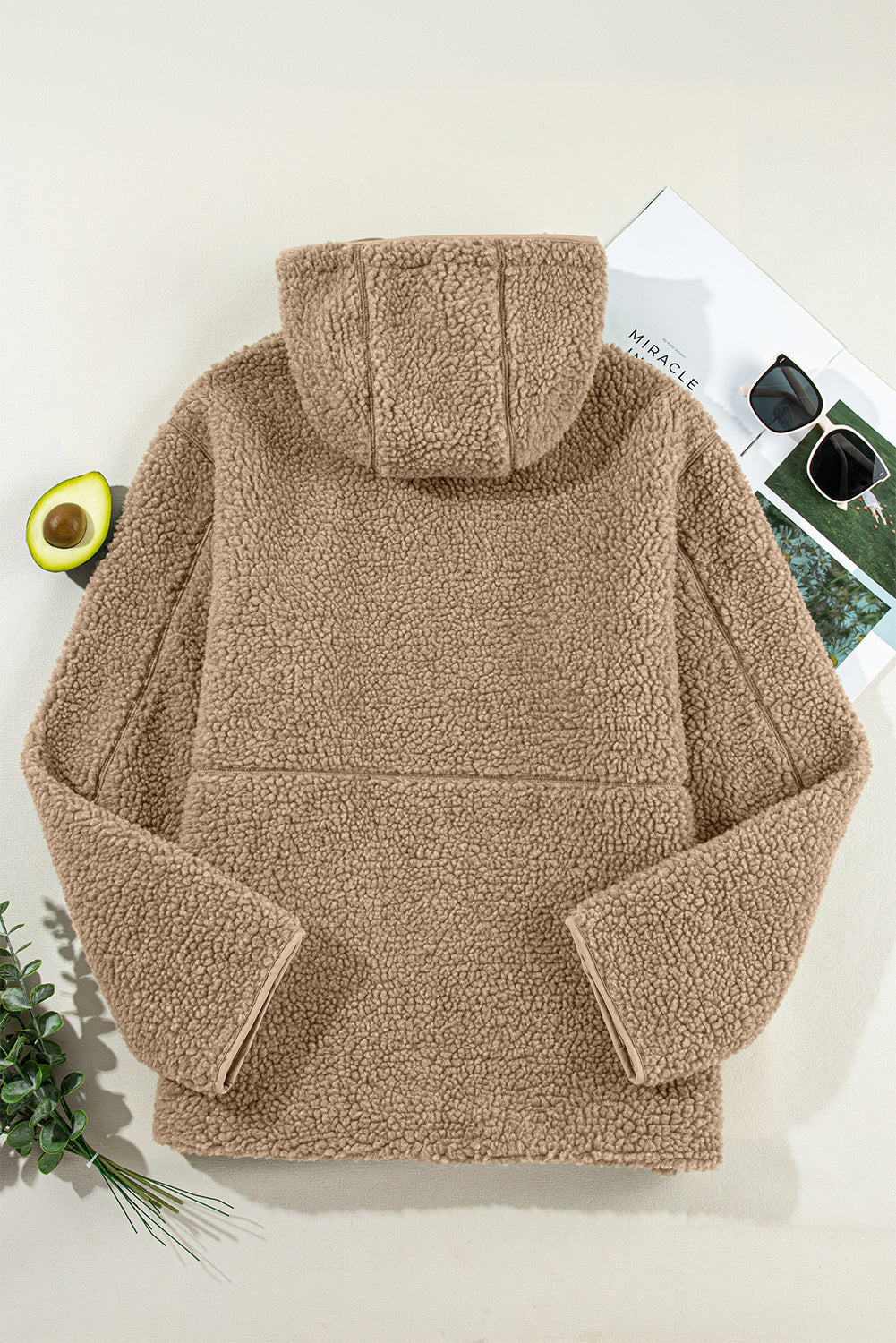 Beige Fleece Zip Up Drawstring Hooded Pocketed Jacket