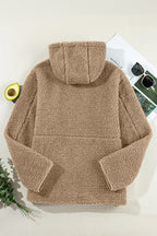 Beige Fleece Zip Up Drawstring Hooded Pocketed Jacket