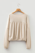 Jet Stream Textured Pleated Drop Shoulder Long Sleeve Knit Top