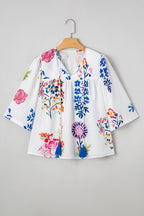 White Floral Print Tassel Tie Bracelet Sleeve Flowy Blouse