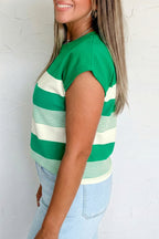 Black Stripe Mixed Print Crew Neck Cap Sleeve T Shirt