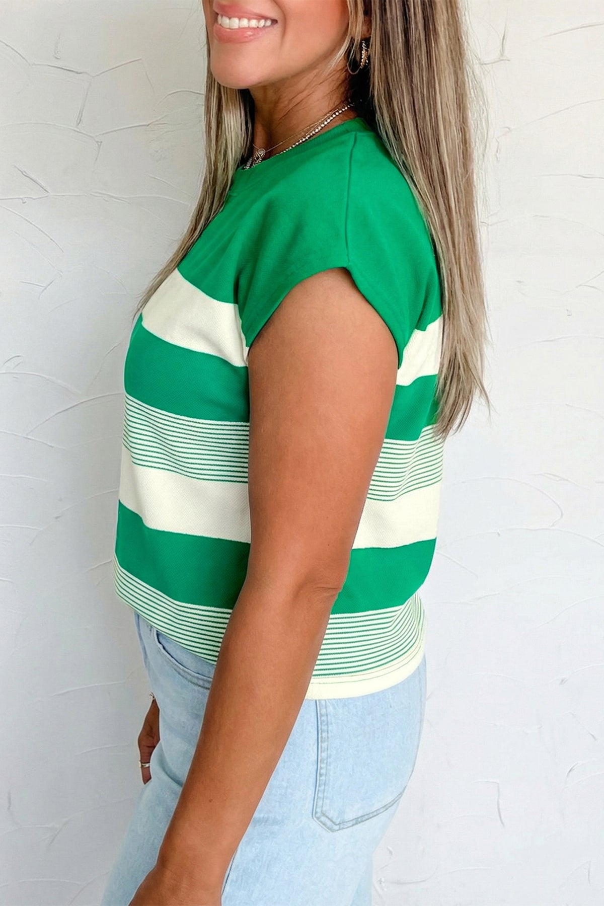 Black Stripe Mixed Print Crew Neck Cap Sleeve T Shirt